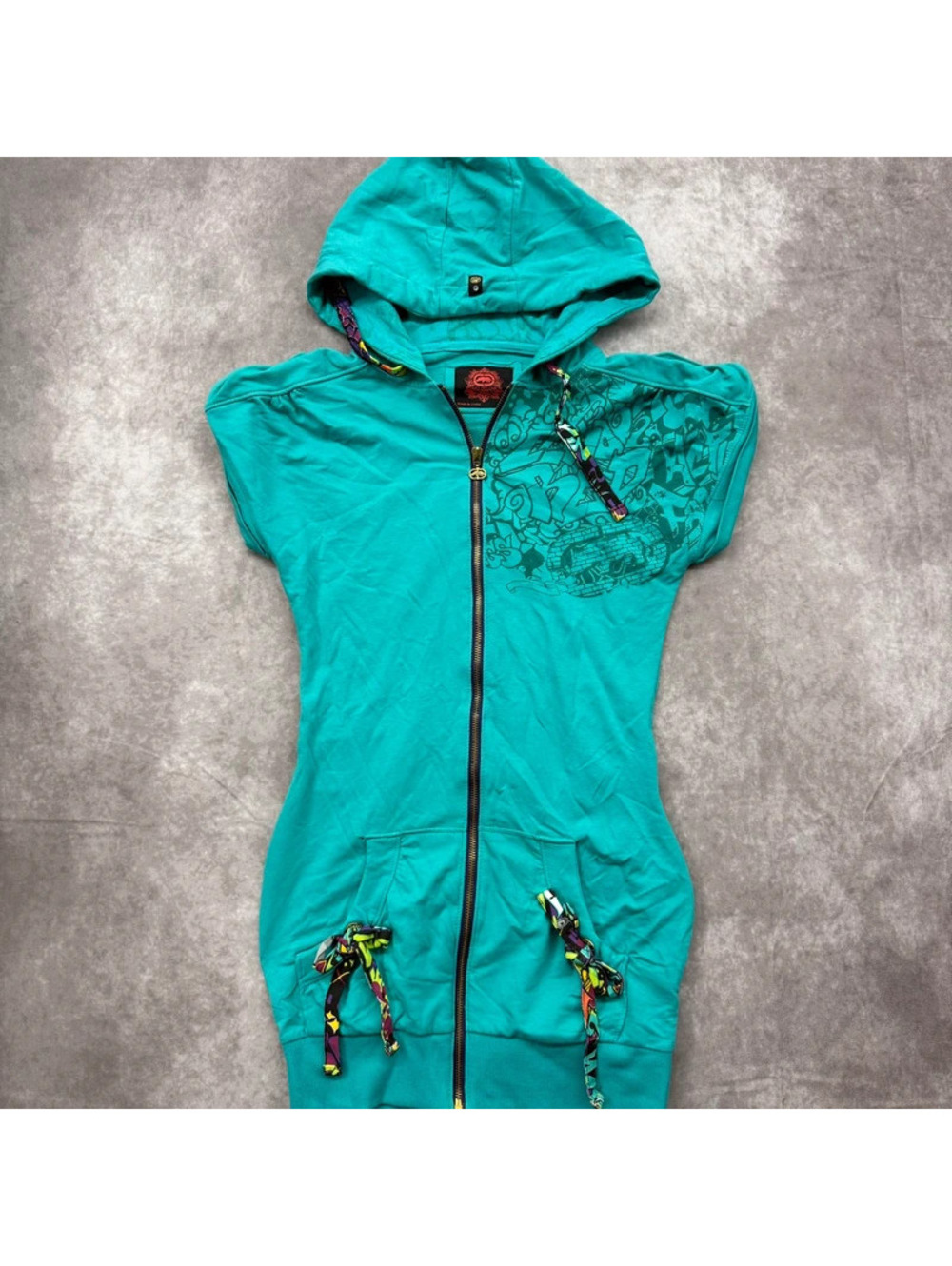 Vintage Y2K Ecko Red Teal Short Sleeve Full Zip Graffiti Hoodie Dress Medium